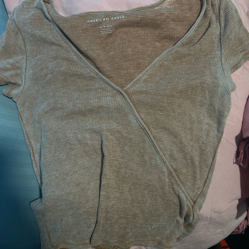 American Eagle Outfitters Grey/Rust Wrap Waffle-Knit Top